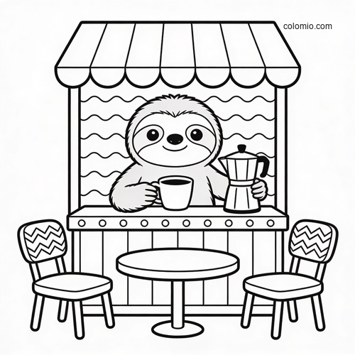A cute cartoon sloth runs a small coffee shop stand, holding a mug and moka pot behind a counter with chairs and a table.