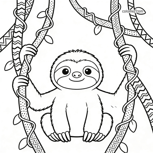 A cute smiling sloth hangs between patterned jungle vines, shown in a simple black-and-white line art style.