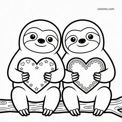 Two cute cartoon sloths sitting on a branch, each holding a heart with simple decorative patterns in black and white.