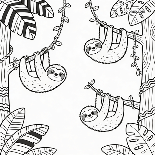 Black-and-white coloring page showing three smiling sloths hanging from jungle vines among large tropical leaves.