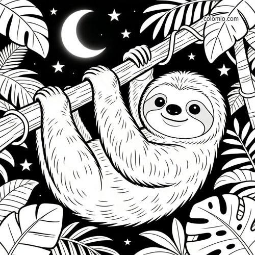 A cute sloth hangs from a tree branch in a leafy jungle canopy under a crescent moon and stars in black and white.