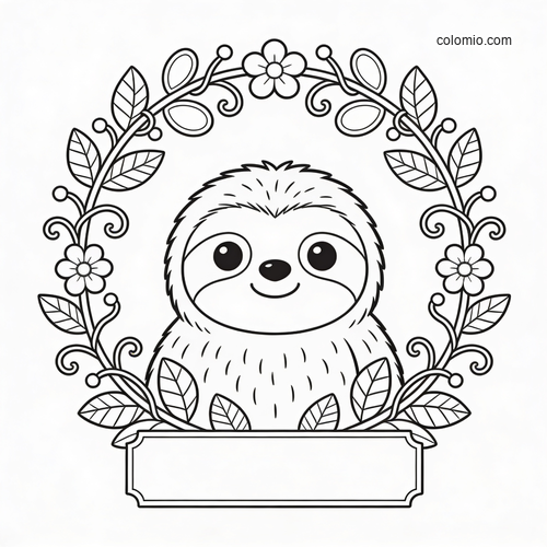 A cute smiling sloth centered inside a decorative floral wreath with leaves and a blank quote banner below.