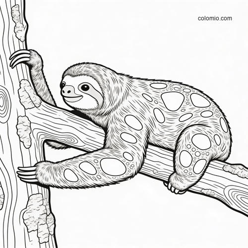 A detailed sloth clings to a jungle tree branch, shown in realistic line art with textured fur and patterned body shapes.