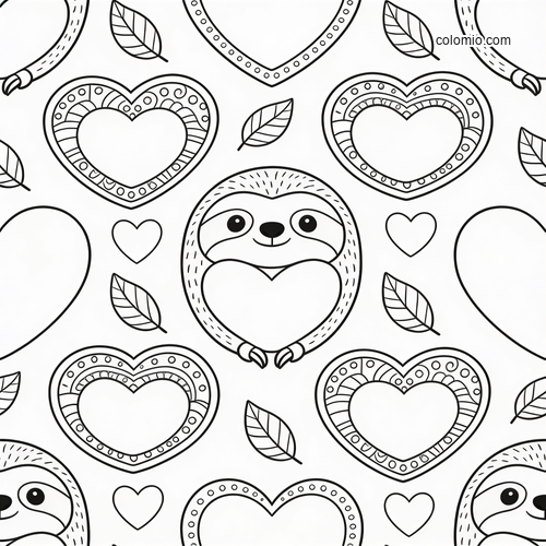 A cute sloth holding a heart in a repeating pattern with decorated hearts and simple leaves in black and white.
