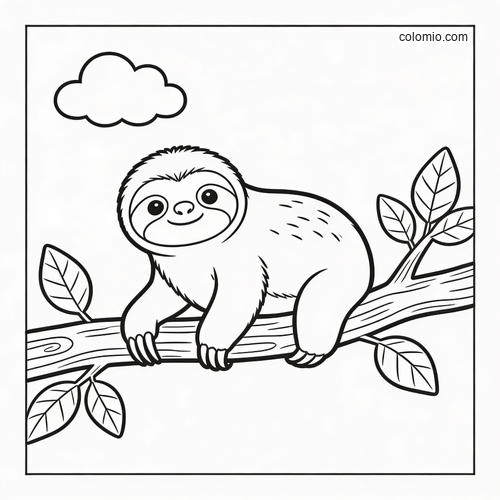 A simple cartoon sloth resting on a tree branch with leaves and a cloud above, drawn in clean black outlines.