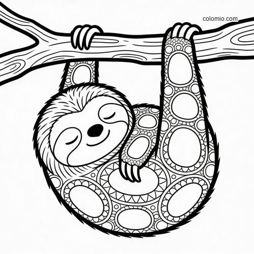 A detailed sloth hangs upside down from a tree branch, sleeping with a peaceful smile and patterned body sections.