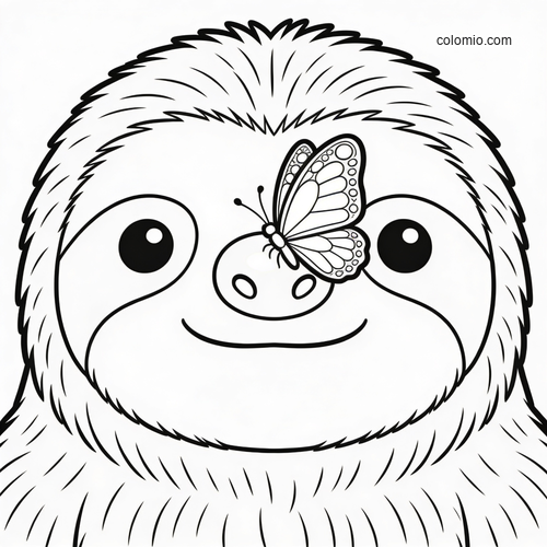 A cute front-facing sloth with a smiling face and a butterfly resting on its nose in a simple black-and-white outline.