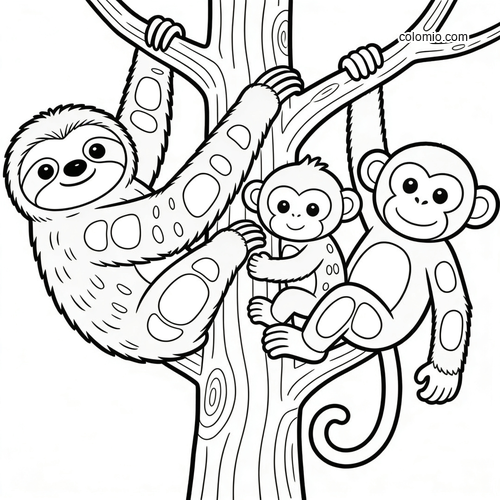 A cute sloth and two smiling monkeys cling to tree branches in a simple cartoon black-and-white line drawing.