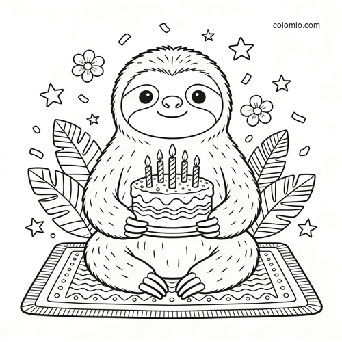Cute cartoon sloth sitting on a placemat and holding a birthday cake with candles, surrounded by leaves, stars, and flowers.