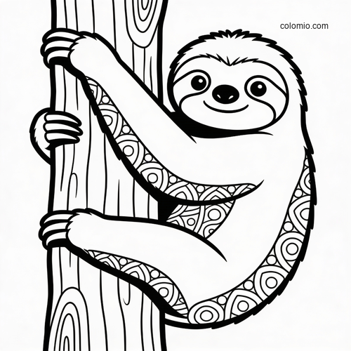 A smiling sloth with patterned fur slowly climbs down a tree trunk in a clean black and white outline.