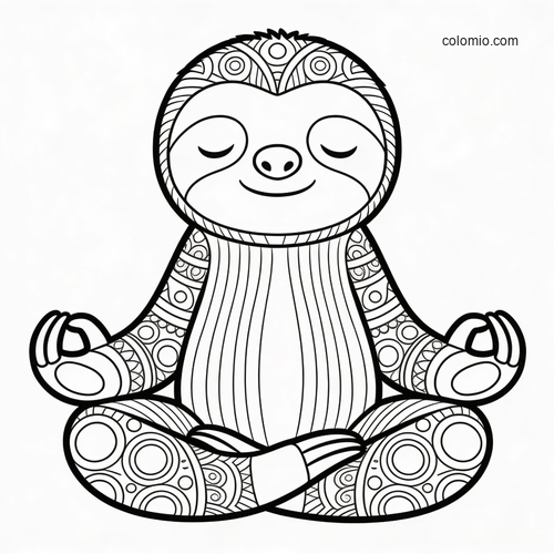 A smiling sloth sits cross-legged in a yoga pose, drawn in a detailed zentangle style with patterned arms and legs.