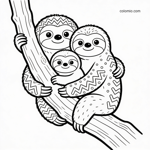 A cute cartoon sloth family with two adults and a baby hugging a tree branch, shown in a simple black and white outline.