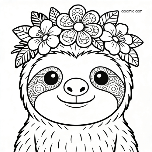 Front-facing cute sloth portrait with a large flower crown and decorative patterned eye patches in black and white line art.