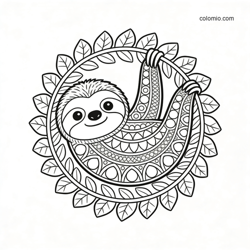 A smiling sloth with patterned mandala details hangs inside a circular ring of leaves in a black and white line drawing.