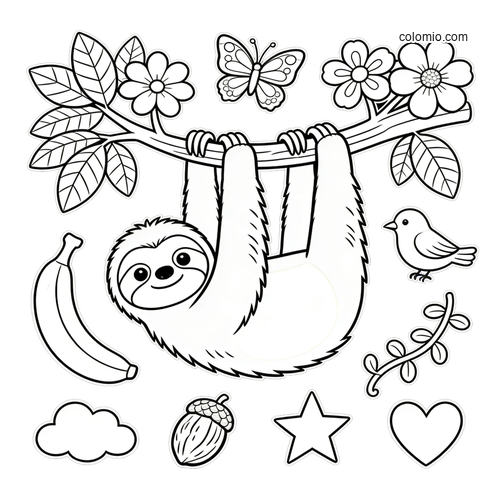 Cute cartoon sloth hanging from a tree branch with flowers, butterfly, bird, banana, and simple object shapes around it.