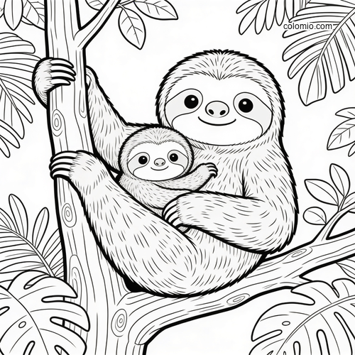 A cute sloth parent cuddles a baby sloth while hanging in a tree, surrounded by tropical leaves in a simple line-art style.