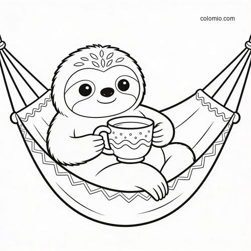 A cute cartoon sloth relaxing in a hammock and holding a large cup of tea, drawn in simple black and white line art.
