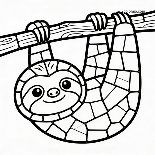A cute sloth hanging from a tree branch, drawn in a stained glass mosaic style with bold black outlines.