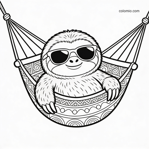 A smiling sloth wearing sunglasses relaxes in a patterned hammock, shown in a detailed black-and-white line art style.