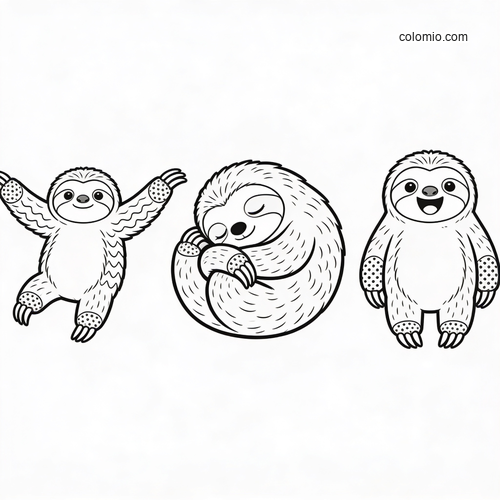 Black-and-white coloring page with three cute sloths: one stretching, one curled up sleeping, and one standing and smiling.