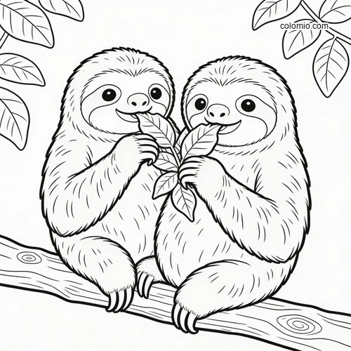 Two cute two-toed sloths sit together on a tree branch, each holding and eating leafy stems in a simple line drawing.