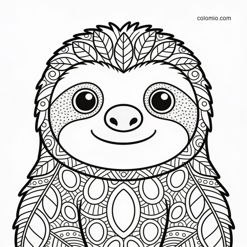 Front-facing cute sloth with large eyes and leafy zentangle fur patterns in a detailed black-and-white design.
