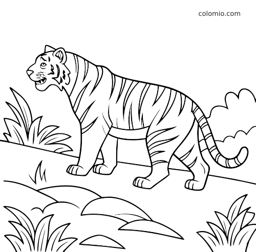 A Bengal tiger standing in a simple jungle scene with bushes, rocks, and clouds drawn in bold black outlines.