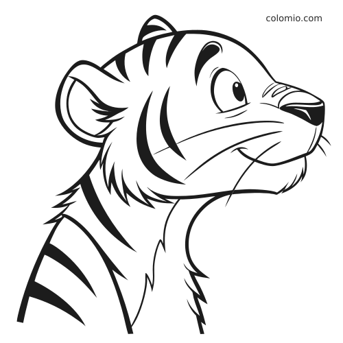 Black-and-white cartoon tiger head portrait in side view, with bold stripes, large eye, and clean simple outlines.