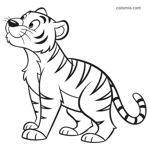 A cute cartoon tiger sits and looks upward, drawn in simple black outlines with bold stripes and a friendly expression.