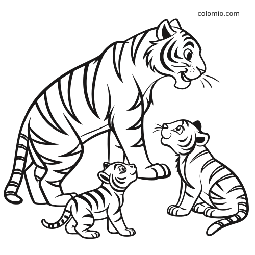 A cute close-up line drawing of a tiger mother standing with two cubs looking up at her in a clean, bold style.