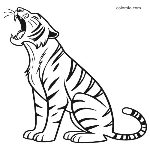 A detailed line art tiger roaring in a front-facing seated pose, with bold stripes and a curled tail on a plain background.