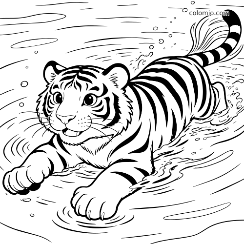 A detailed close-up of a tiger swimming toward the viewer, with bold stripes, splashing water, and bubbles.