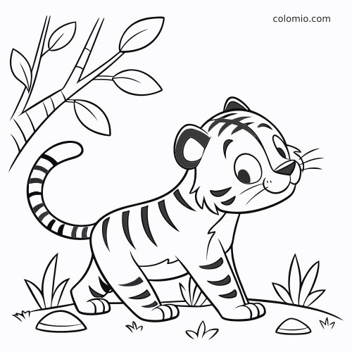 A cute kawaii tiger cub standing outdoors beside a tree branch, with simple stripes, grass, and small rocks.