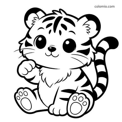 A chibi kawaii tiger cub sitting upright with big round eyes, raised paw, fluffy fur, and a striped tail.