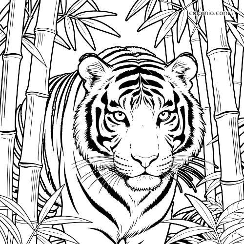 A realistic tiger facing forward in a jungle scene, surrounded by tall bamboo stalks and leafy plants in black line art.