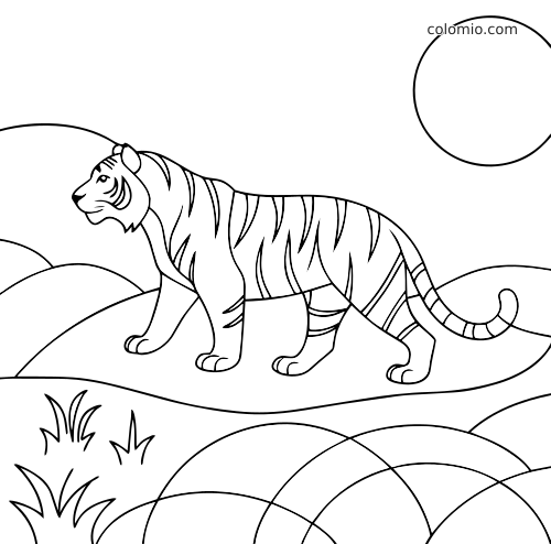 A simple line art tiger walking across rolling hills at night with a large moon in the sky.