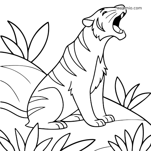 A simple line art tiger roaring in a front-facing seated pose, surrounded by large jungle leaves and curved ground shapes.
