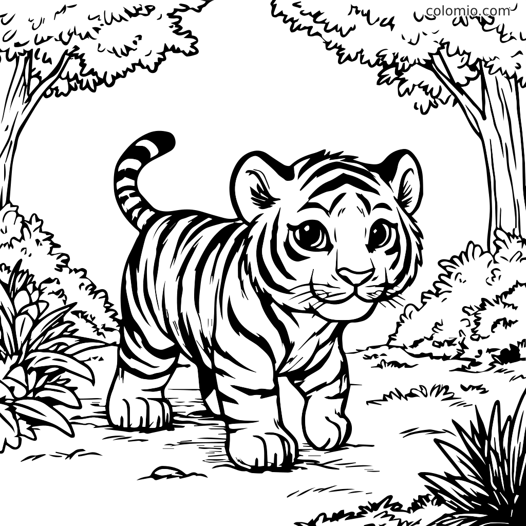 Un cucciolo di tigre giocoso che cammina in una foresta con alberi e cespugli.