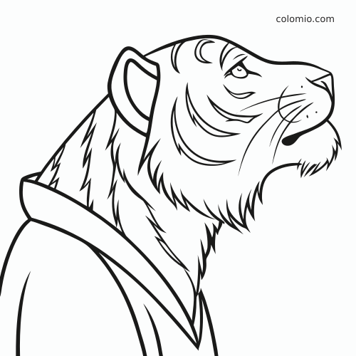 Black-and-white tiger head portrait shown from the side, with bold stripes and a calm upward gaze.