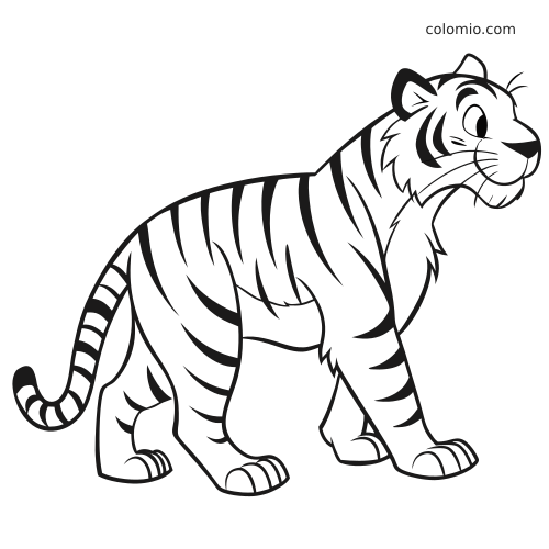 A cartoon-style white tiger standing and looking right, with bold black stripes, large eyes, and rounded features.