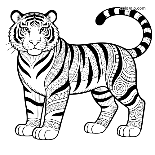 Black-and-white zentangle tiger facing forward with detailed stripes, spirals, and patterned body sections.