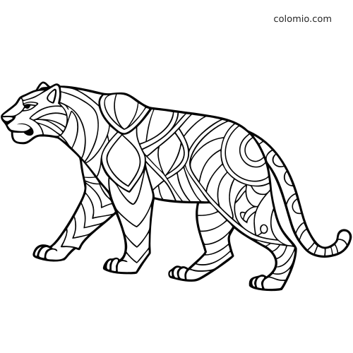 Black-and-white zentangle tiger shown in side view with broad curved patterns across the body and tail.