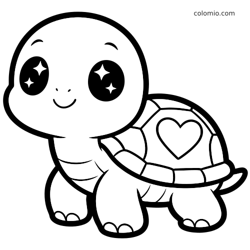 Uma tartaruga kawaii com olhos grandes e brilhantes e um coração no casco, em estilo simples de contorno.
