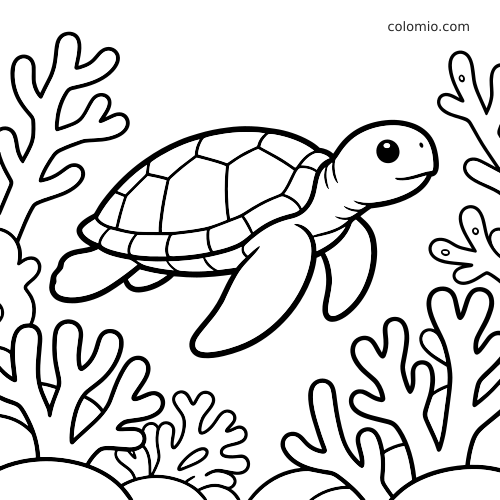 Uma tartaruga marinha em estilo cartoon nada entre corais, com formas simples arredondadas e contornos grossos.