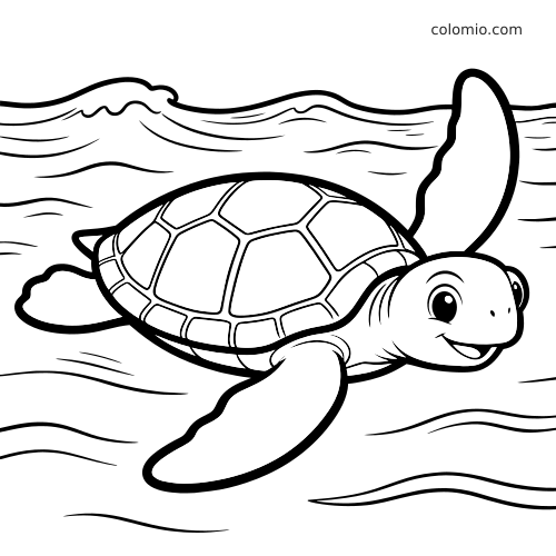 Uma tartaruga marinha sorridente nadando no oceano, em desenho simples de contorno preto e branco.