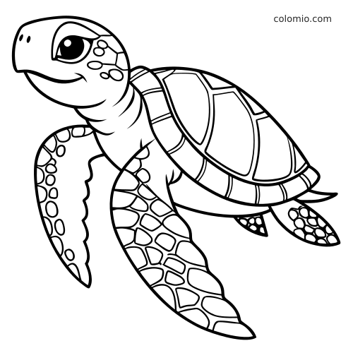 Ilustração de uma tartaruga marinha em estilo cartoon, nadando com casco grande estampado e olhos expressivos.