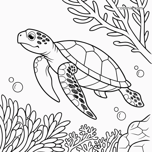 Uma tartaruga marinha detalhada nada entre corais, bolhas e rochas em uma cena de recife submarino.