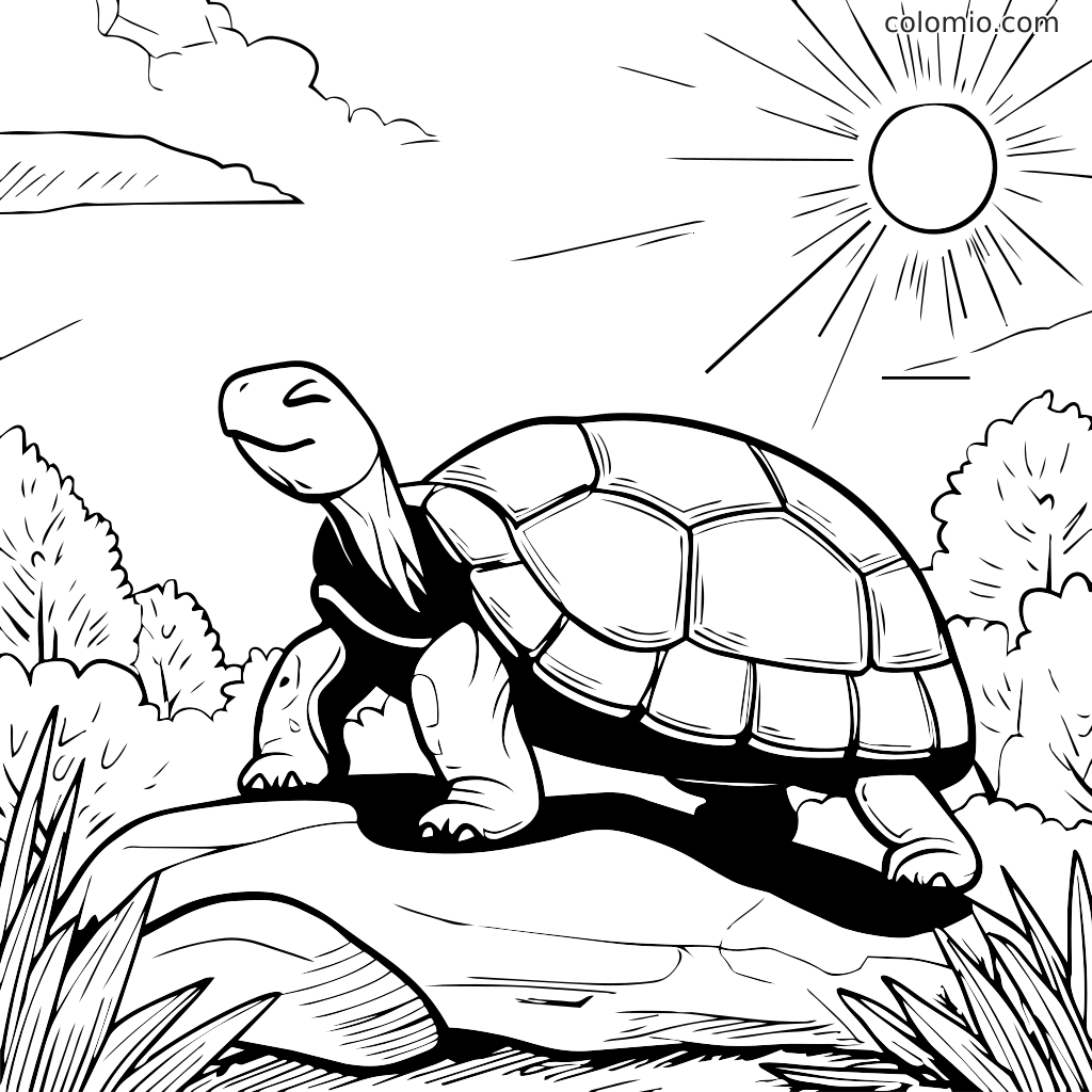 Une tortue joyeuse se tenant sur un rocher sous le soleil, entourée de buissons et d'herbe, prête à être coloriée.