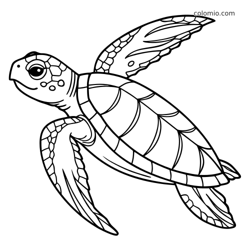 Uma tartaruga-de-couro em traço simples de desenho animado, nadando com nadadeiras grandes e casco detalhado.