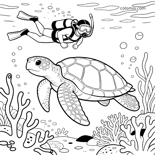Um mergulhador com equipamento de scuba nada acima de uma tartaruga marinha em uma cena submarina com corais e bolhas.